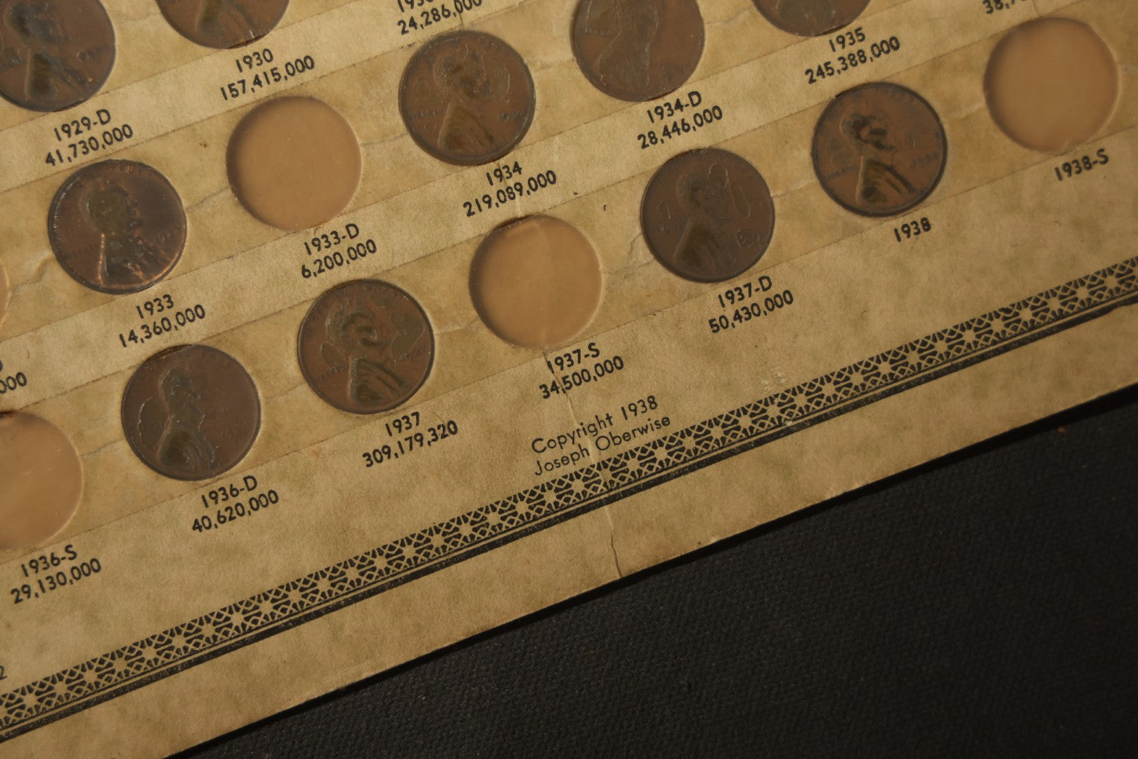 Vintage Lincoln Cent Premium Card 1909-1938, Distributed by J. Oberwise & Co., Los Angeles, California, note all over taped on front, incomplete