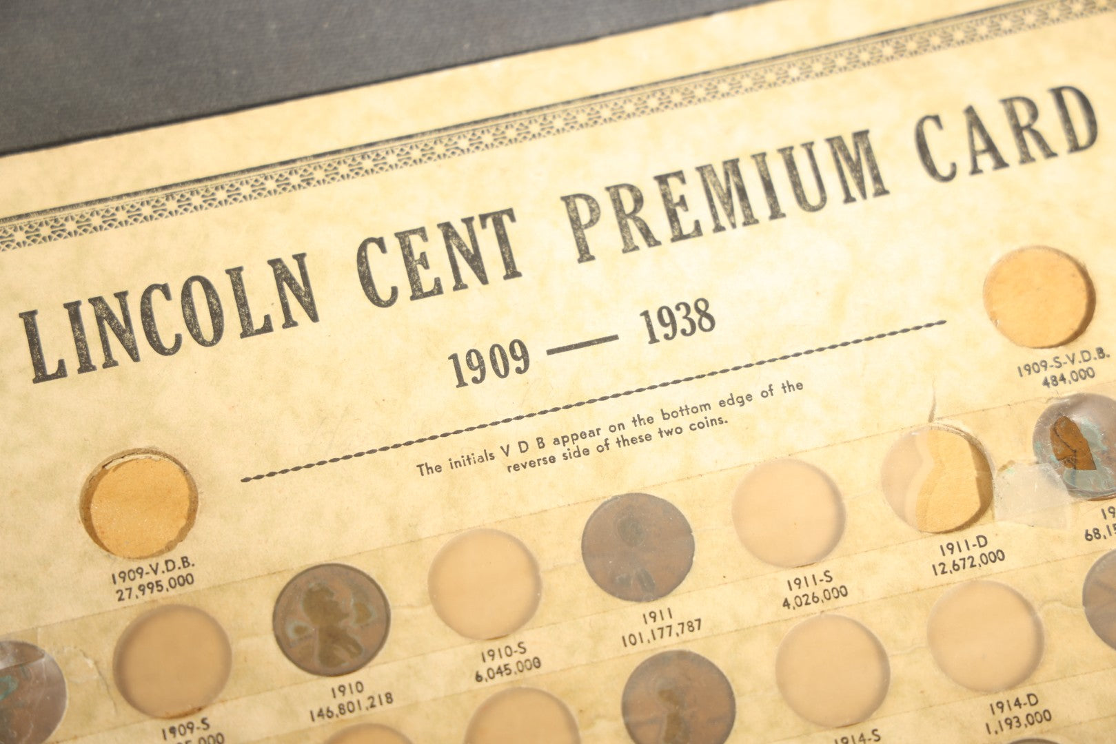 Vintage Lincoln Cent Premium Card 1909-1938, Distributed by J. Oberwise & Co., Los Angeles, California, note all over taped on front, incomplete