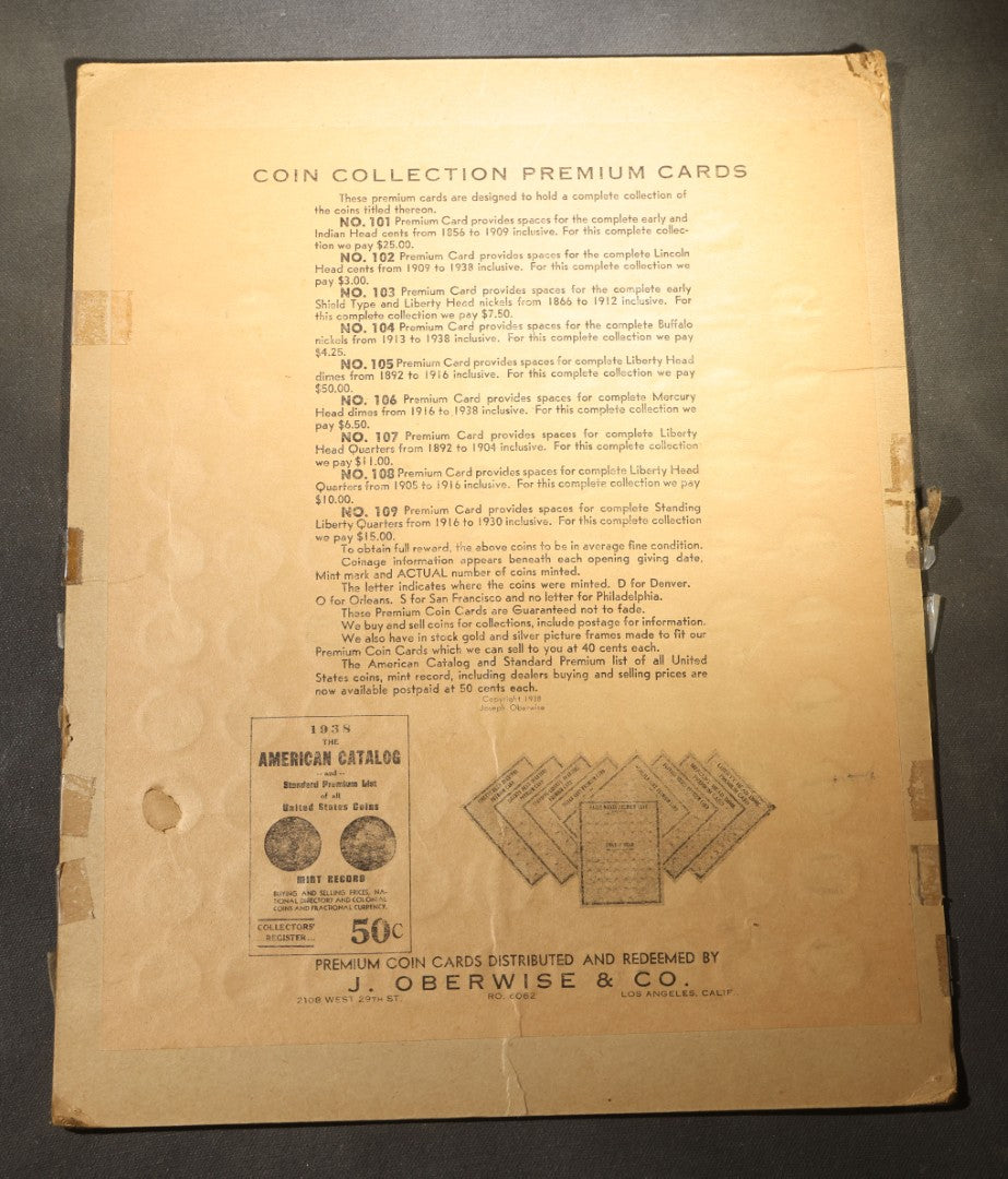 Vintage Lincoln Cent Premium Card 1909-1938, Distributed by J. Oberwise & Co., Los Angeles, California, note all over taped on front, incomplete