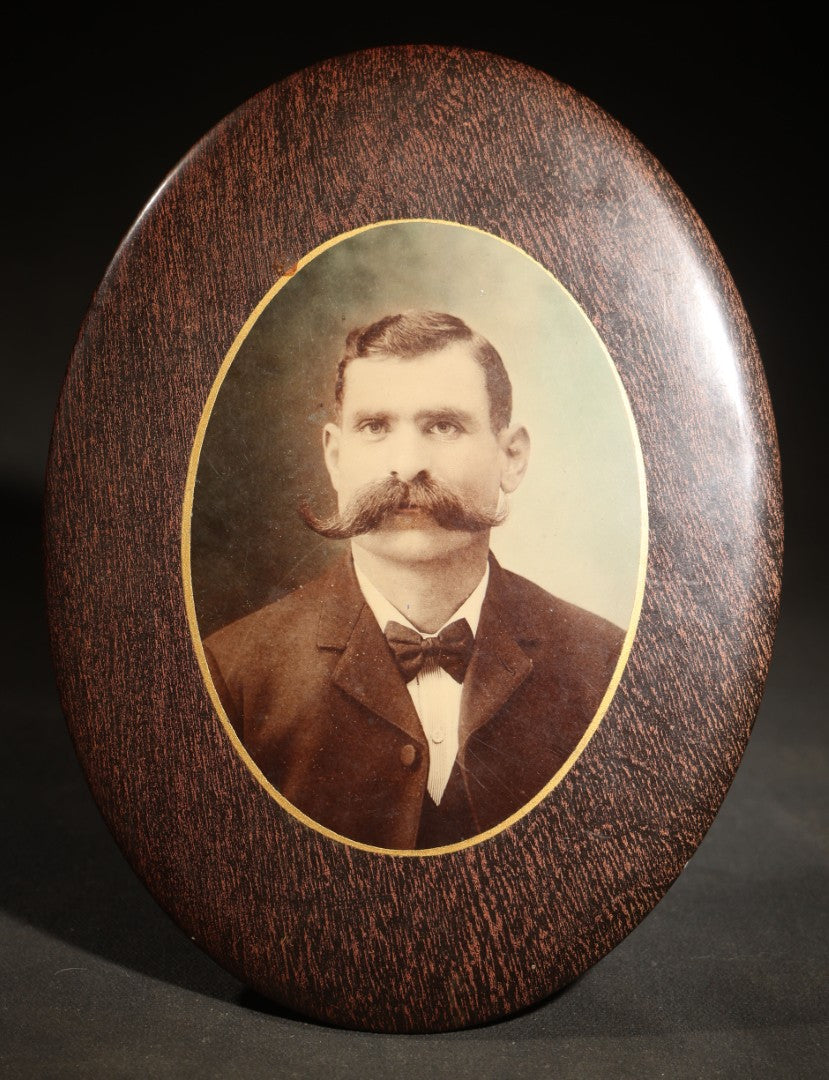 Antique Victorian Celluloid Photo Button with Oval Portrait of Man with Handlebar Mustache in Wood Frame