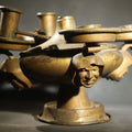 Lot 002 - Antique Brass Four-Burner Oil Lamp with Monk Faces Sticking Out Tongues, Missing Two Burners, 14" W x 8-3/8" H