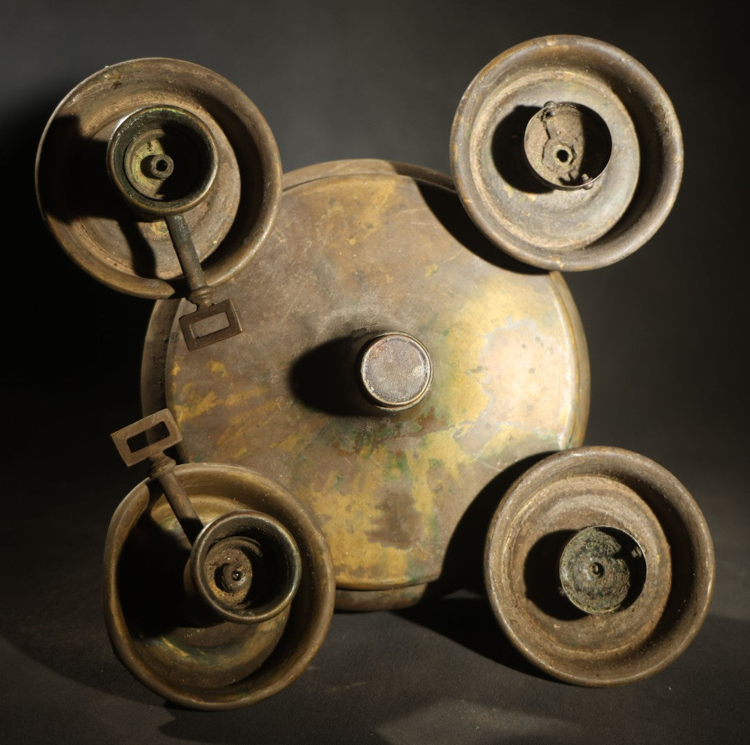 Antique Brass Four-Burner Oil Lamp with Monk Faces Sticking Out Tongues, Missing Two Burners