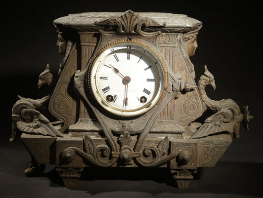 Antique Ornate Carved Mantle Clock with Griffins and Classical Faces, manufactured by Seth Thomas Sons & Co., Thomaston, Connecticut