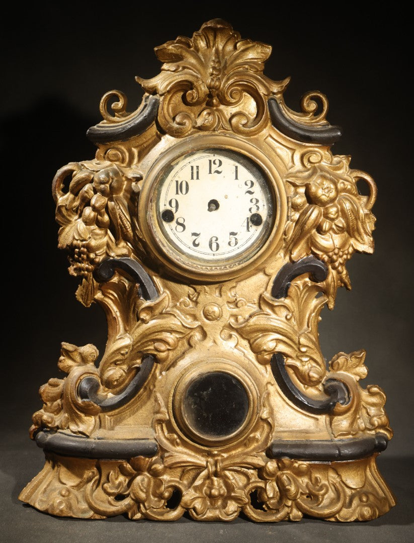 Antique Rococo Revival Gilt-Painted Cast Iron Mantle Clock with Grape and Foliate Decoration