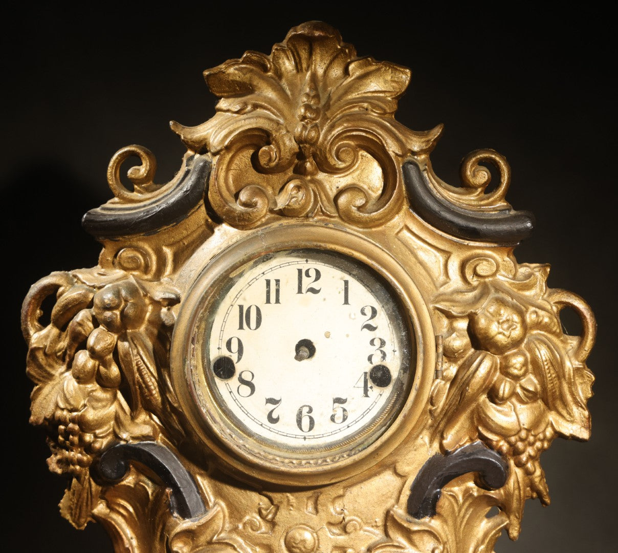 Antique Rococo Revival Gilt-Painted Cast Iron Mantle Clock with Grape and Foliate Decoration