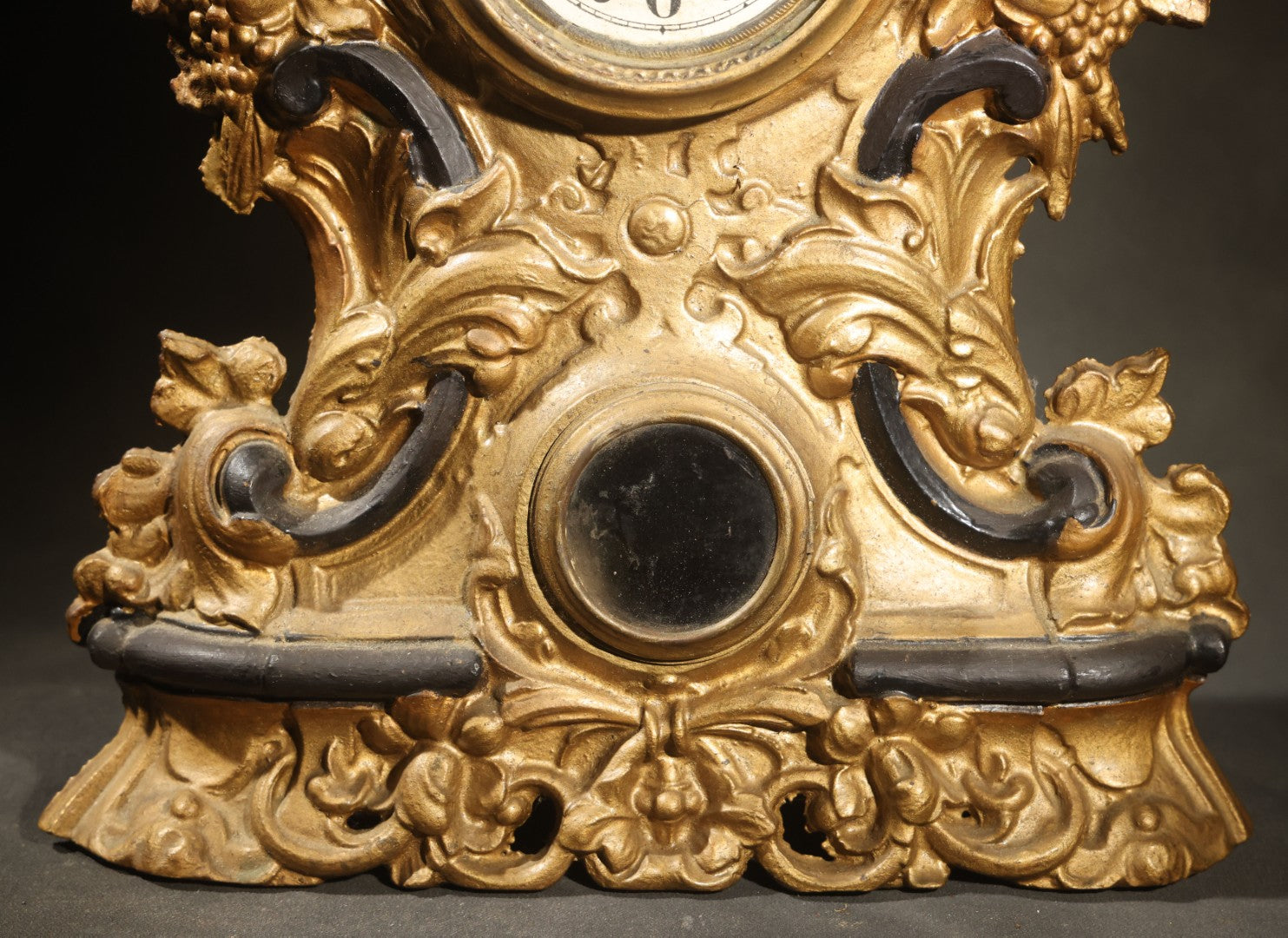 Antique Rococo Revival Gilt-Painted Cast Iron Mantle Clock with Grape and Foliate Decoration