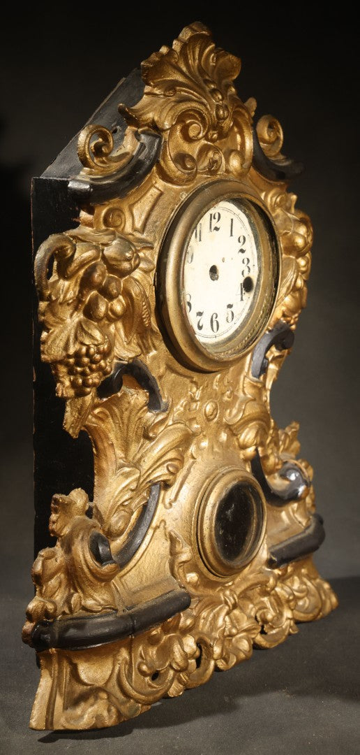 Antique Rococo Revival Gilt-Painted Cast Iron Mantle Clock with Grape and Foliate Decoration