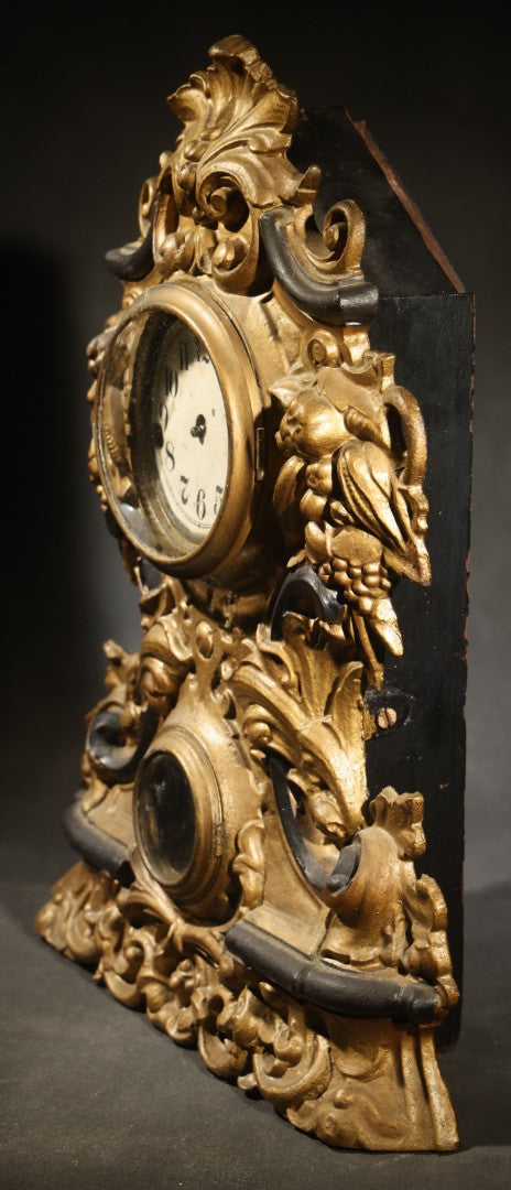 Antique Rococo Revival Gilt-Painted Cast Iron Mantle Clock with Grape and Foliate Decoration