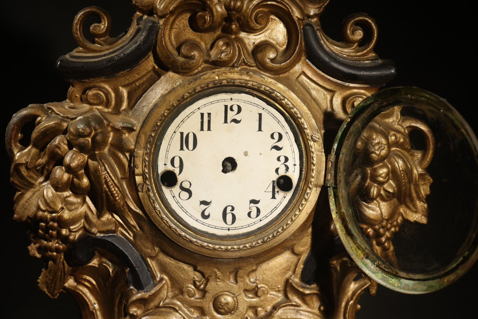 Antique Rococo Revival Gilt-Painted Cast Iron Mantle Clock with Grape and Foliate Decoration