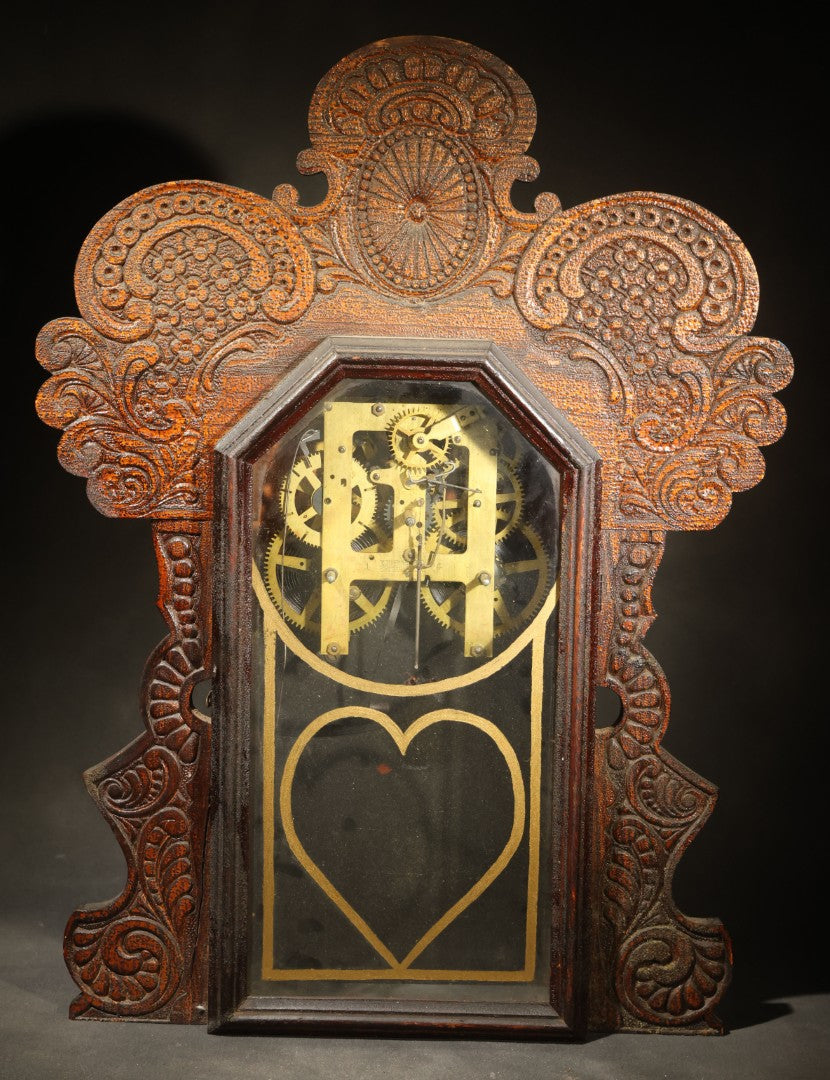 Antique Gingerbread Clock Case with Reverse Painted Heart Design, Manufactured by E. Ingraham Co., Bristol, Connecticut, Incomplete