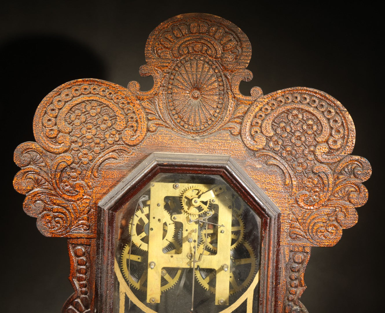 Antique Gingerbread Clock Case with Reverse Painted Heart Design, Manufactured by E. Ingraham Co., Bristol, Connecticut, Incomplete
