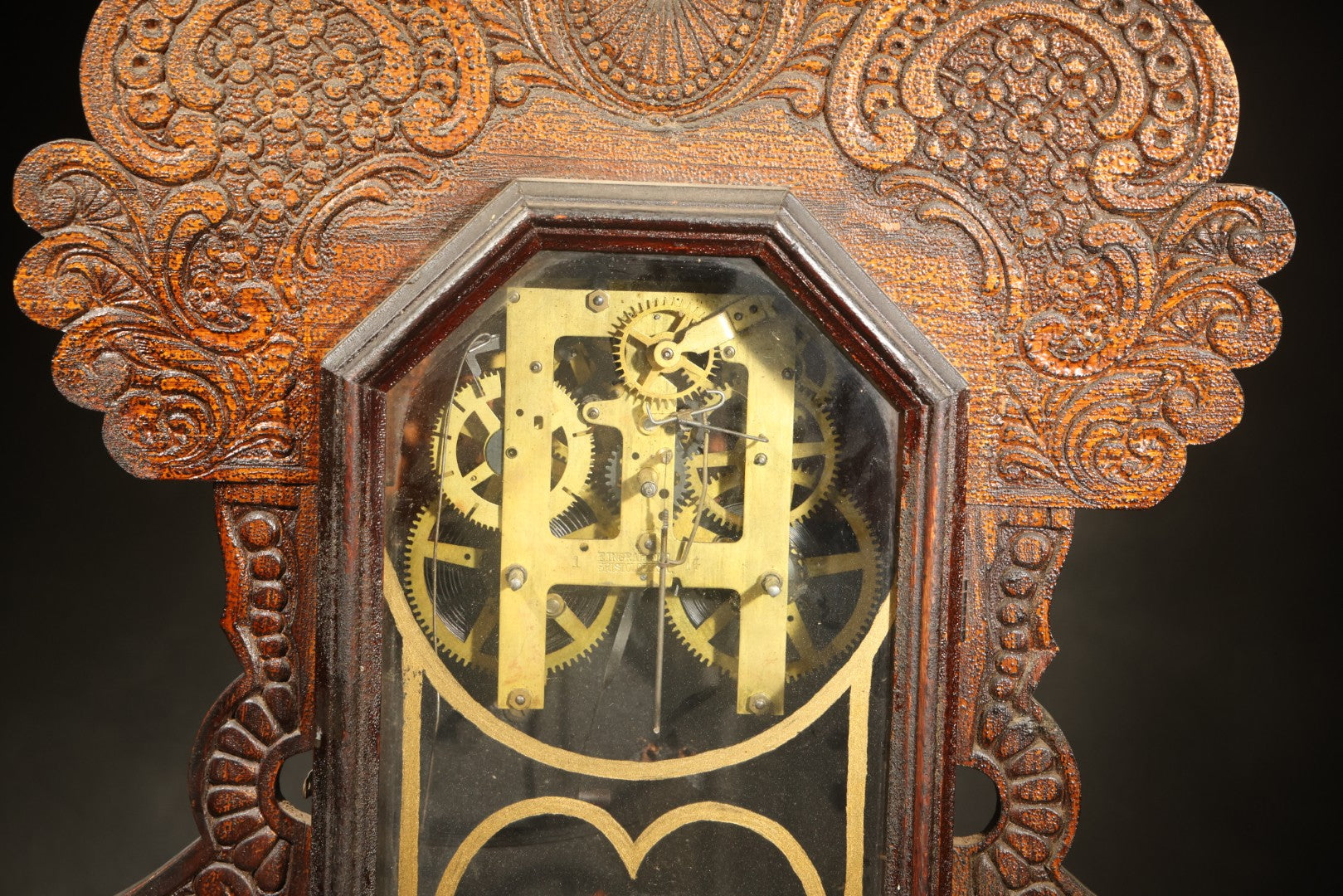 Antique Gingerbread Clock Case with Reverse Painted Heart Design, Manufactured by E. Ingraham Co., Bristol, Connecticut, Incomplete