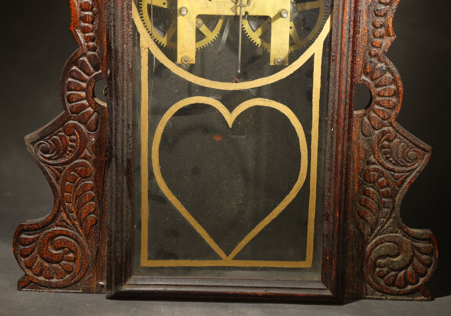 Antique Gingerbread Clock Case with Reverse Painted Heart Design, Manufactured by E. Ingraham Co., Bristol, Connecticut, Incomplete