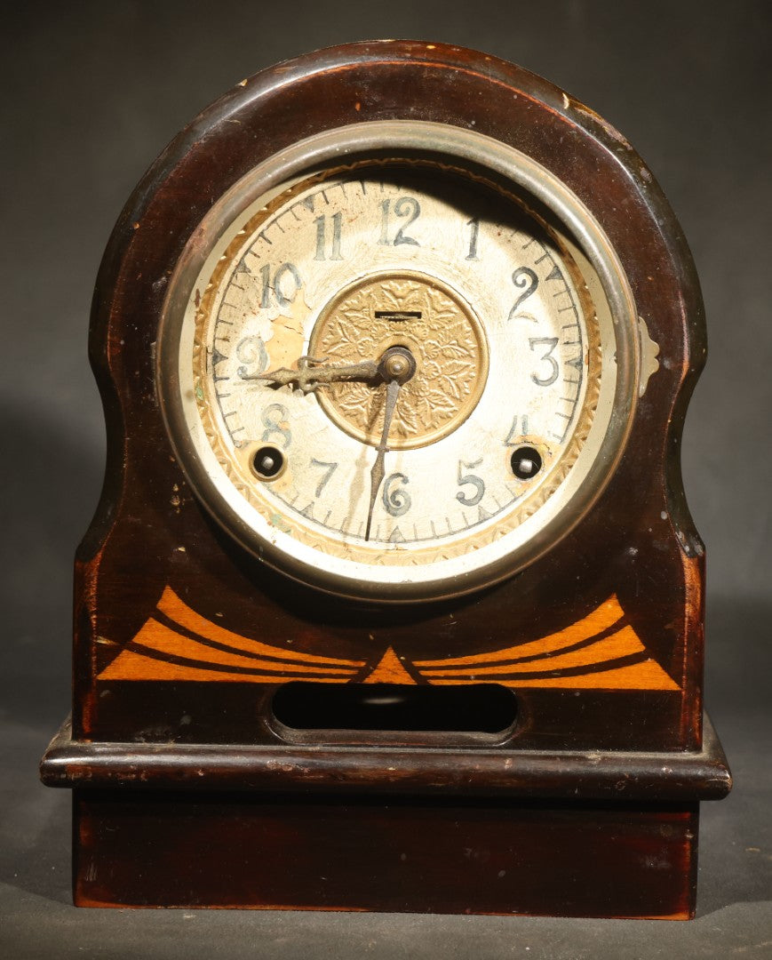 Antique Wooden Mantle Clock with Arched Top, White Dial with Brass Center Medallion, and Geometric Inlay