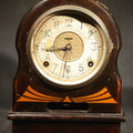 Lot 006 - Antique Wooden Mantle Clock with Arched Top, White Dial with Brass Center Medallion, and Geometric Inlay, 10-5/8" H