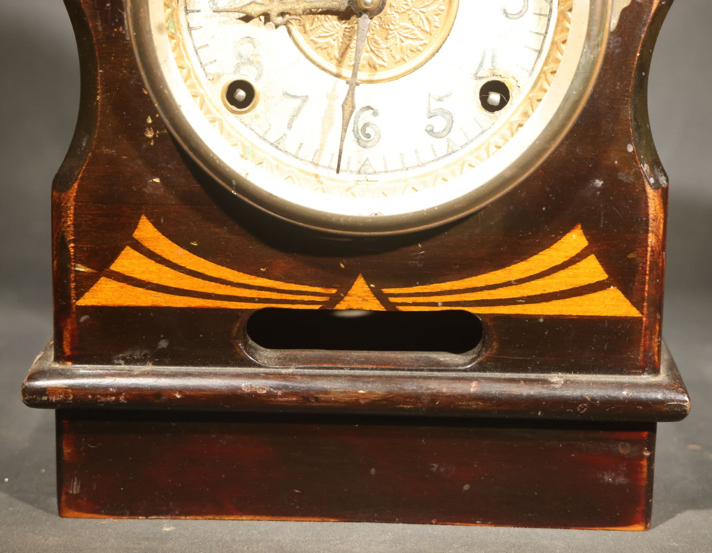 Antique Wooden Mantle Clock with Arched Top, White Dial with Brass Center Medallion, and Geometric Inlay