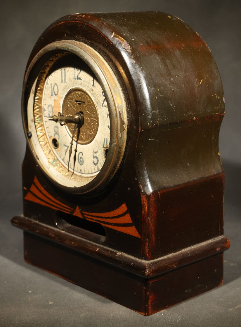 Antique Wooden Mantle Clock with Arched Top, White Dial with Brass Center Medallion, and Geometric Inlay