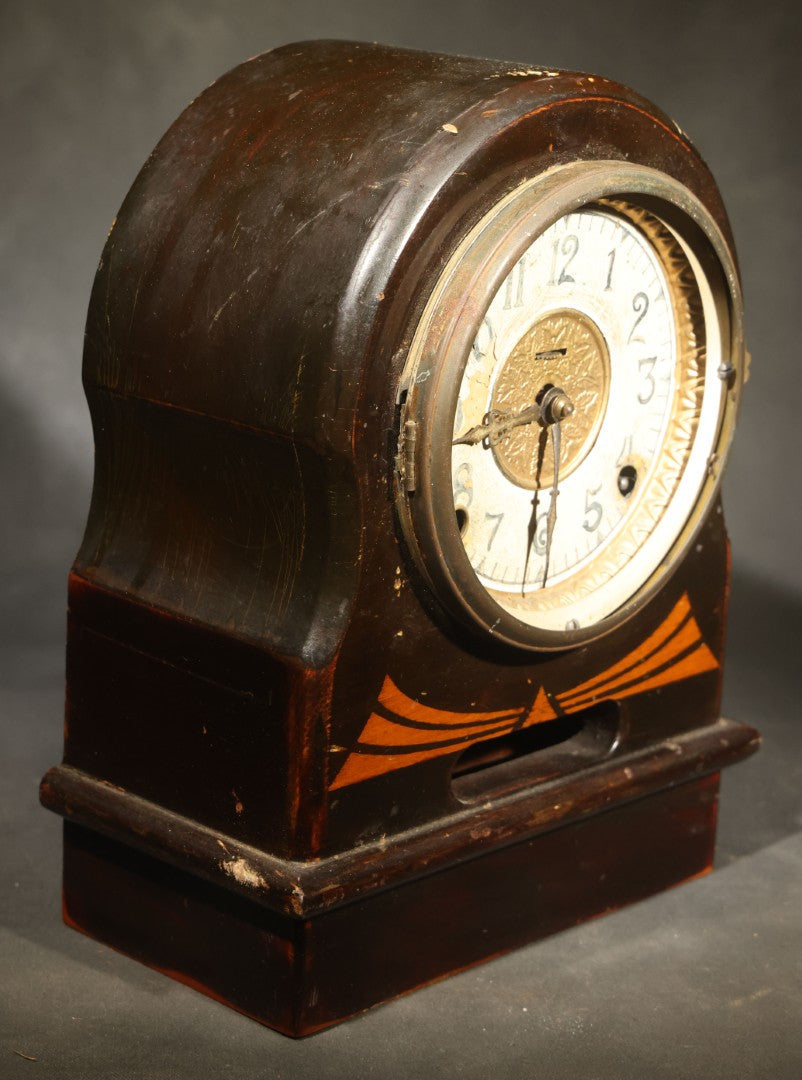 Antique Wooden Mantle Clock with Arched Top, White Dial with Brass Center Medallion, and Geometric Inlay