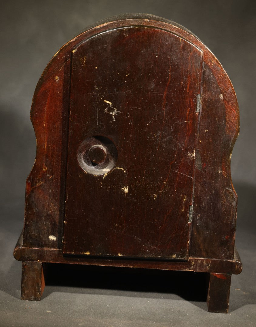 Antique Wooden Mantle Clock with Arched Top, White Dial with Brass Center Medallion, and Geometric Inlay