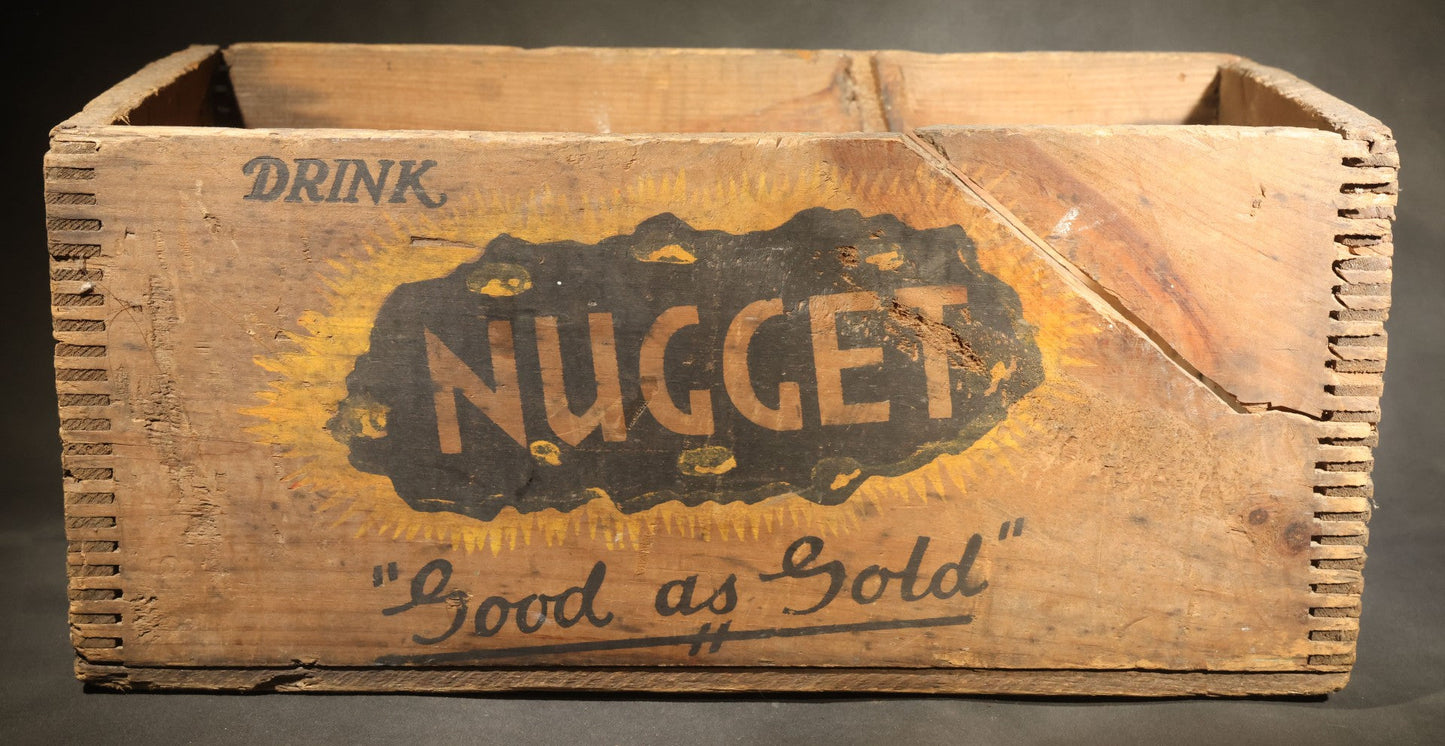 Vintage Nugget Soda "Good as Gold" Wooden Beverage Crate from Red Fox Ginger Ale Co., Providence, Rhode Island