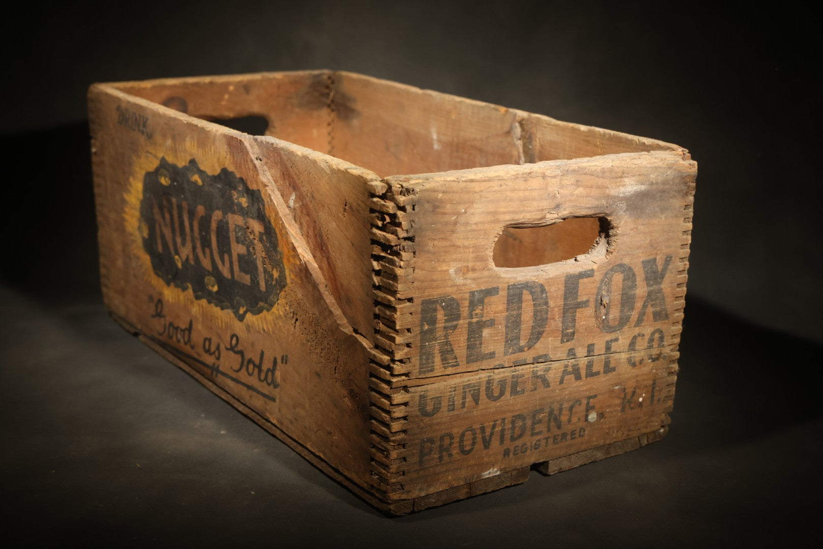 Vintage Nugget Soda "Good as Gold" Wooden Beverage Crate from Red Fox Ginger Ale Co., Providence, Rhode Island