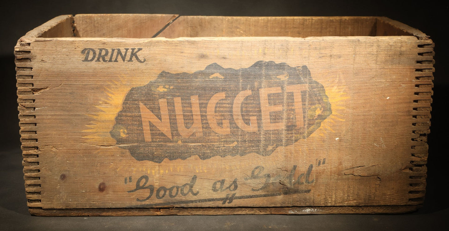 Vintage Nugget Soda "Good as Gold" Wooden Beverage Crate from Red Fox Ginger Ale Co., Providence, Rhode Island