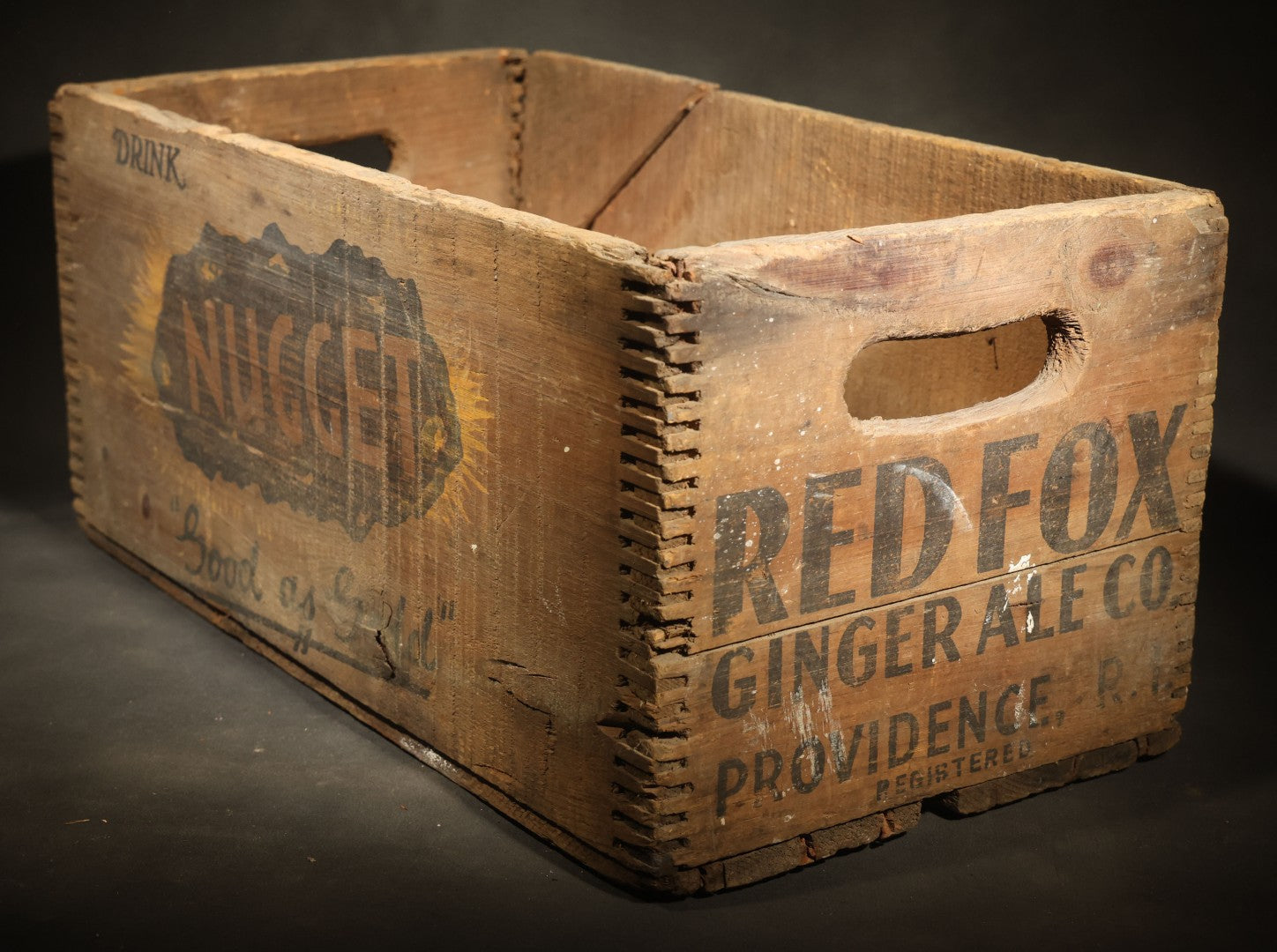 Vintage Nugget Soda "Good as Gold" Wooden Beverage Crate from Red Fox Ginger Ale Co., Providence, Rhode Island