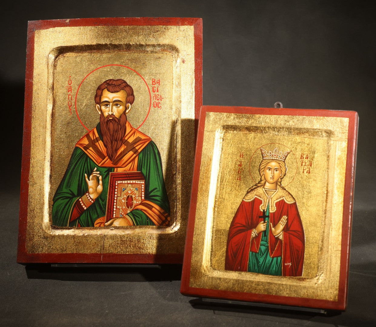 Pair of Modern Greek Orthodox Icons of Saint Vasilios and Saint Barbara with Gilded Backgrounds, Red Borders