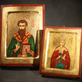 Lot 009 - Pair of Modern Greek Orthodox Icons of Saint Vasilios and Saint Barbara with Gilded Backgrounds, Red Borders