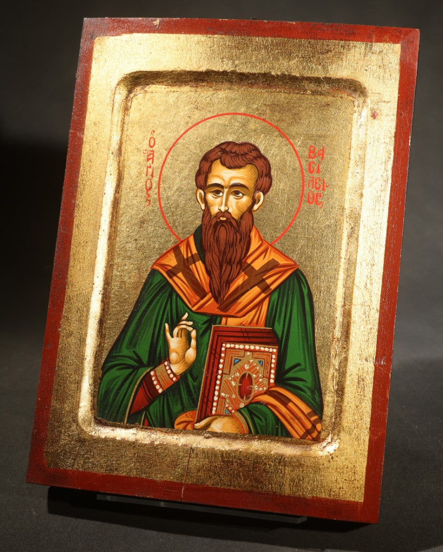 Pair of Modern Greek Orthodox Icons of Saint Vasilios and Saint Barbara with Gilded Backgrounds, Red Borders