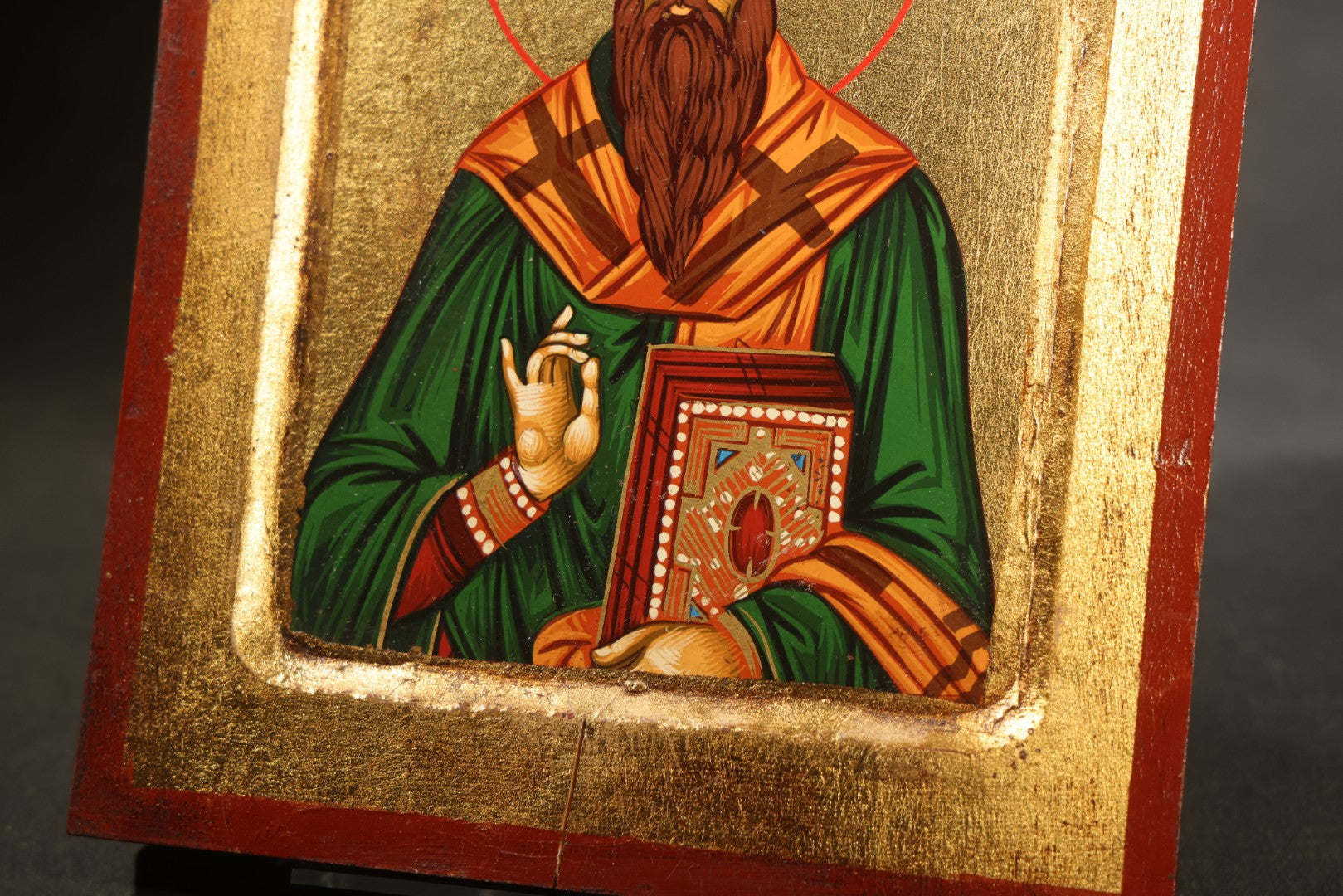 Pair of Modern Greek Orthodox Icons of Saint Vasilios and Saint Barbara with Gilded Backgrounds, Red Borders