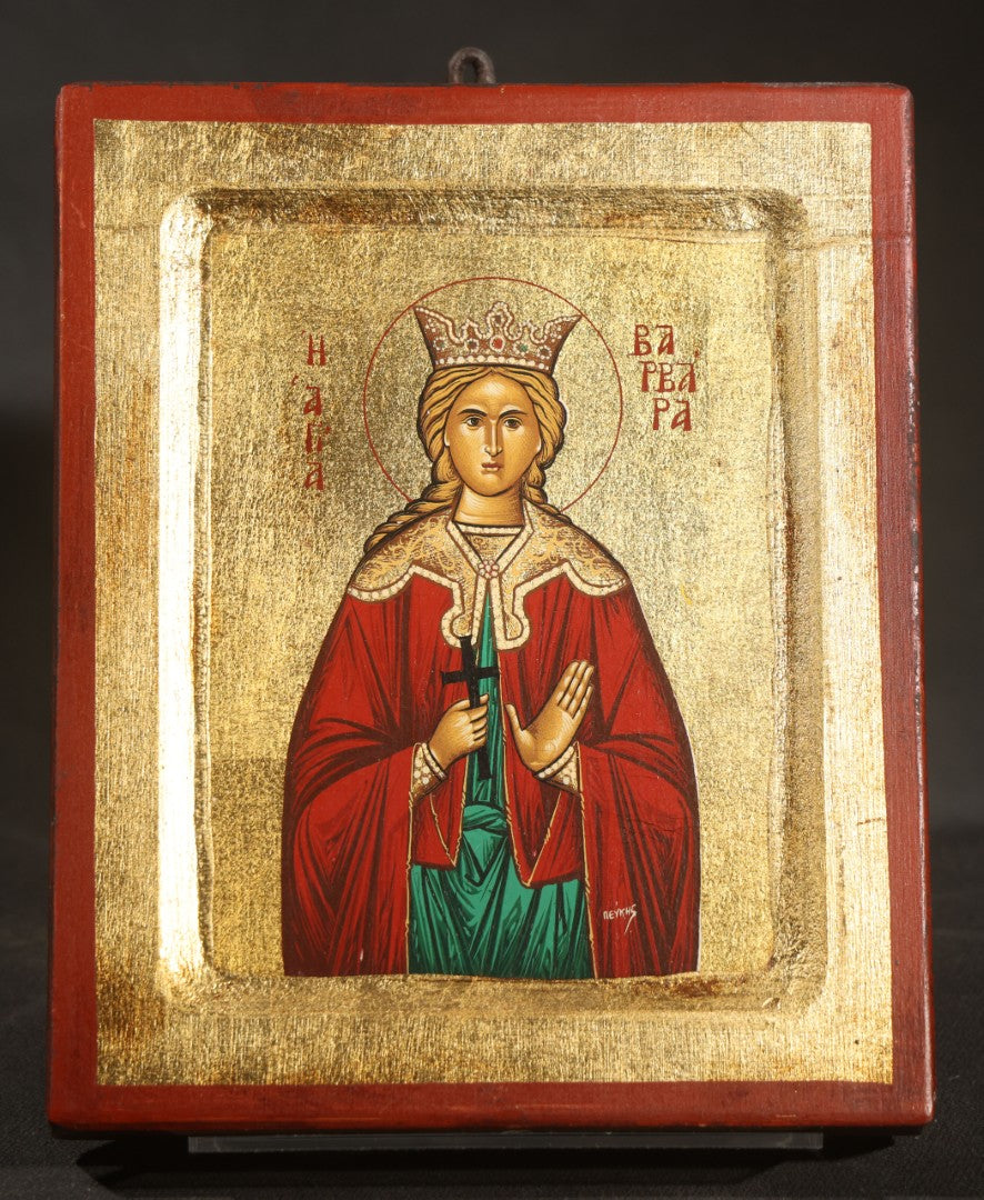 Pair of Modern Greek Orthodox Icons of Saint Vasilios and Saint Barbara with Gilded Backgrounds, Red Borders