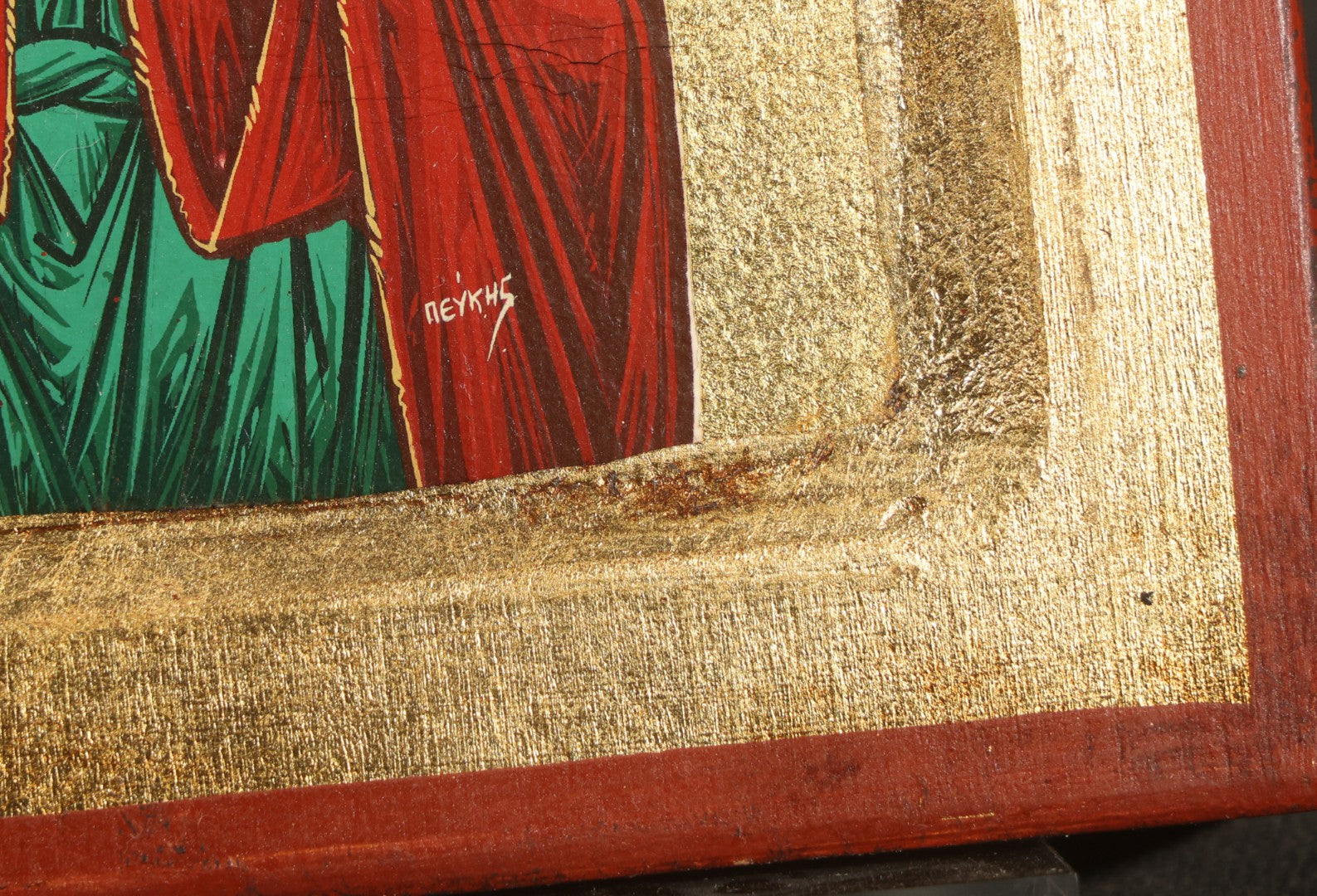 Pair of Modern Greek Orthodox Icons of Saint Vasilios and Saint Barbara with Gilded Backgrounds, Red Borders