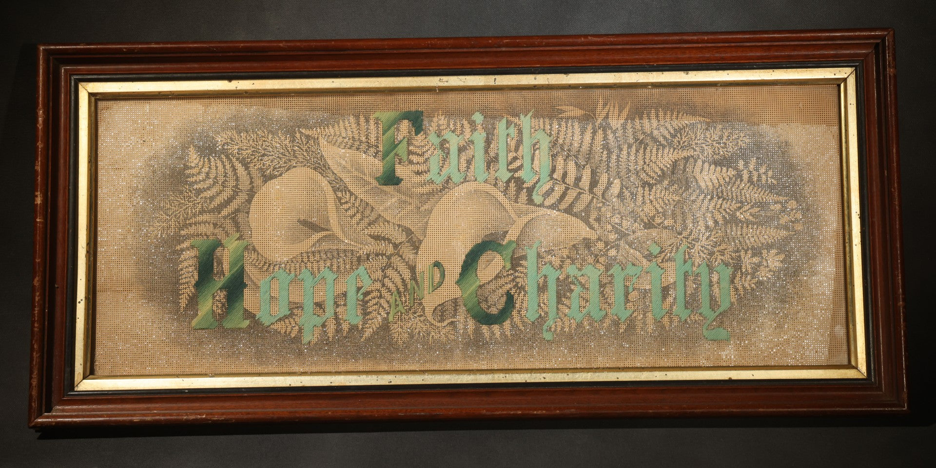 Antique Victorian Punchwork Needlework "Faith Hope Charity" with Fern Motifs and Foil Underlay in Period Wooden Frame