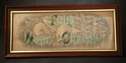 Antique Victorian Punchwork Needlework "Faith Hope Charity" with Fern Motifs and Foil Underlay in Period Wooden Frame