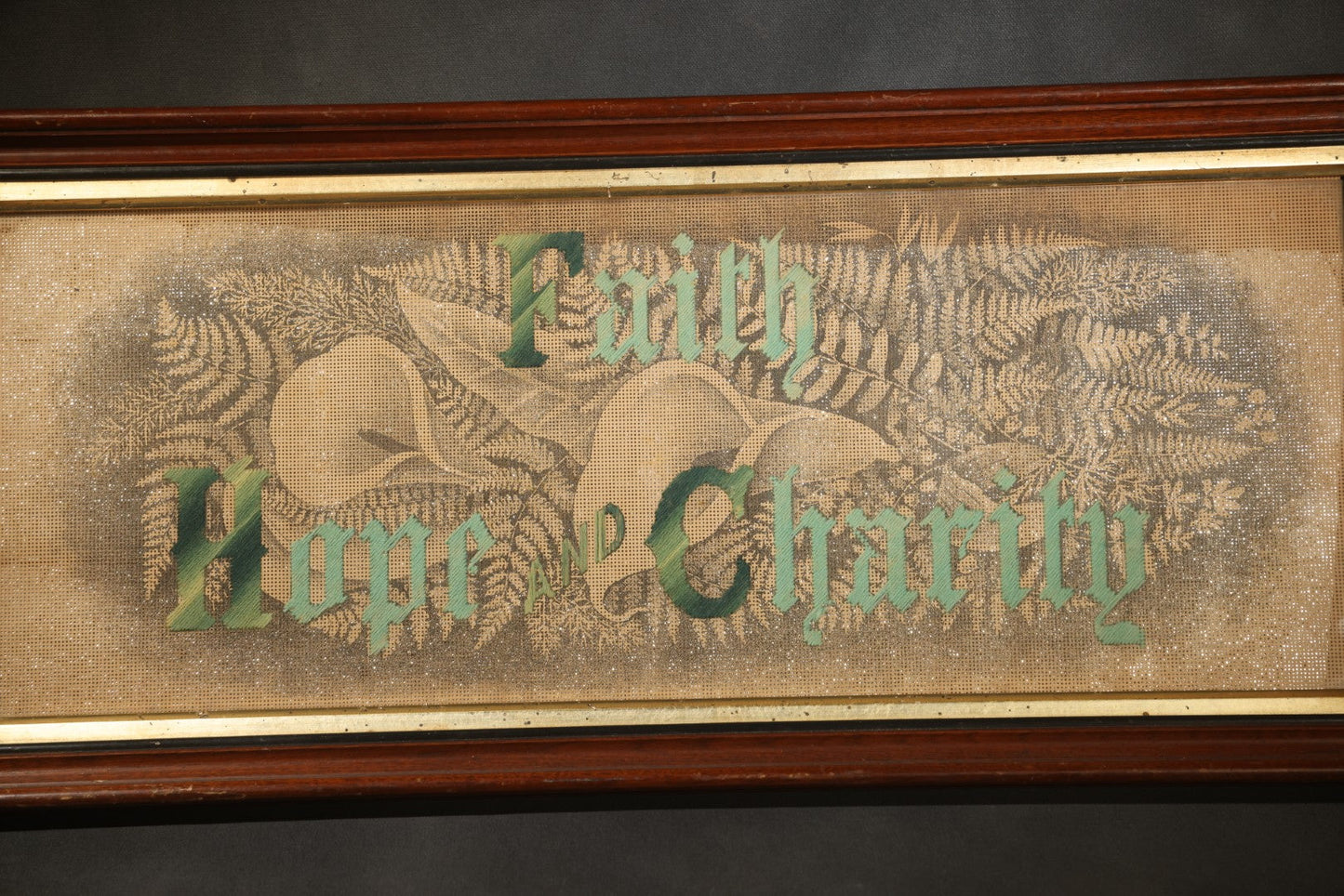 Antique Victorian Punchwork Needlework "Faith Hope Charity" with Fern Motifs and Foil Underlay in Period Wooden Frame