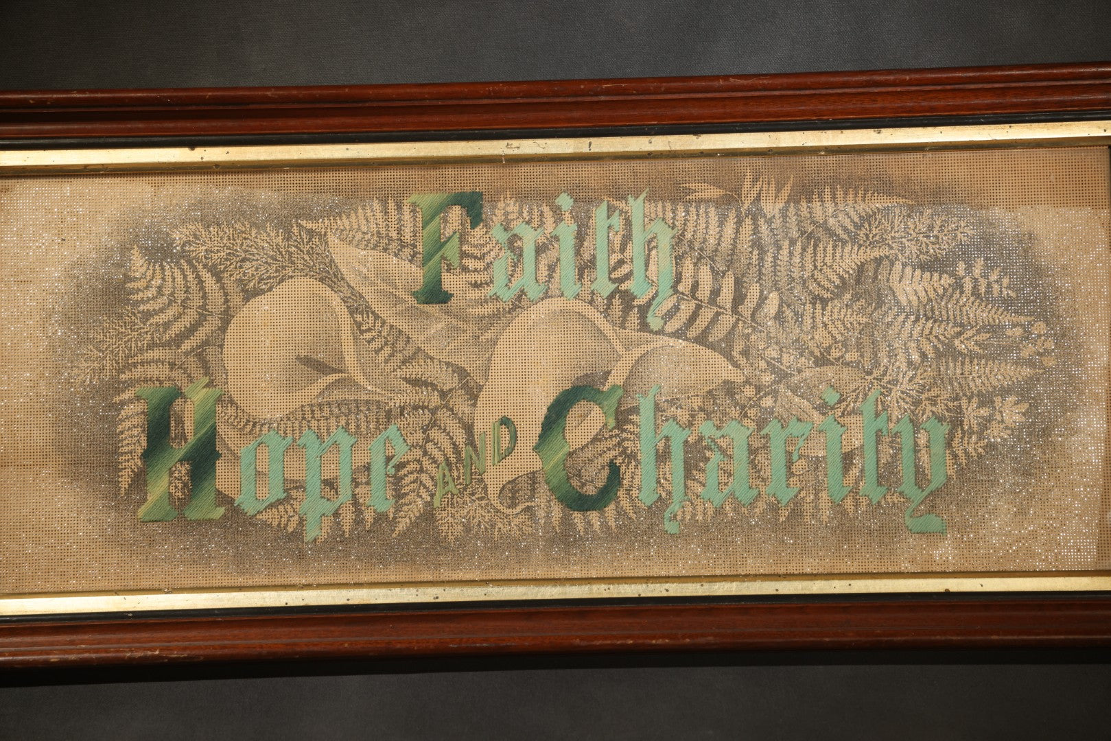 Antique Victorian Punchwork Needlework "Faith Hope Charity" with Fern Motifs and Foil Underlay in Period Wooden Frame