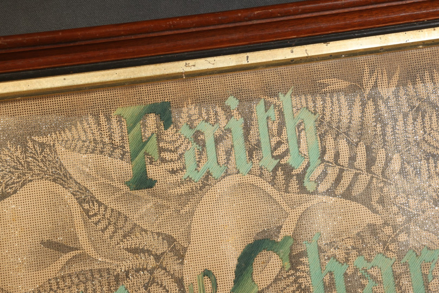 Antique Victorian Punchwork Needlework "Faith Hope Charity" with Fern Motifs and Foil Underlay in Period Wooden Frame