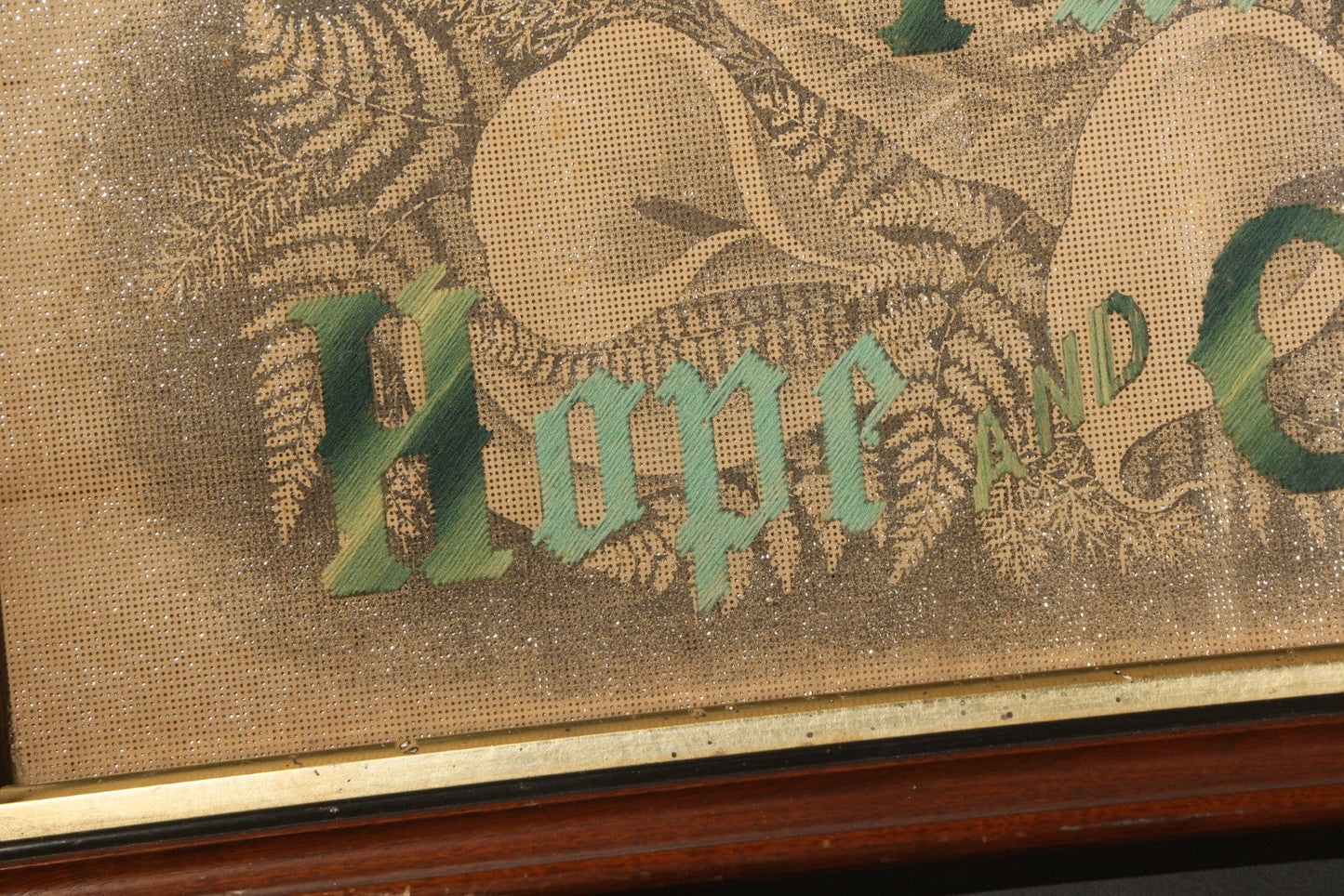 Antique Victorian Punchwork Needlework "Faith Hope Charity" with Fern Motifs and Foil Underlay in Period Wooden Frame