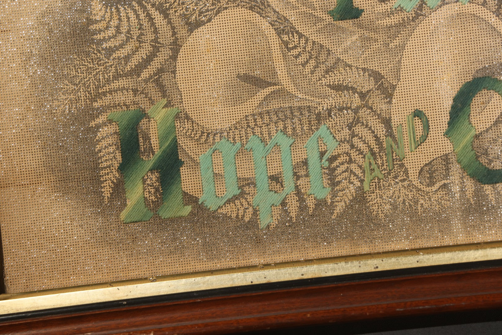Antique Victorian Punchwork Needlework "Faith Hope Charity" with Fern Motifs and Foil Underlay in Period Wooden Frame
