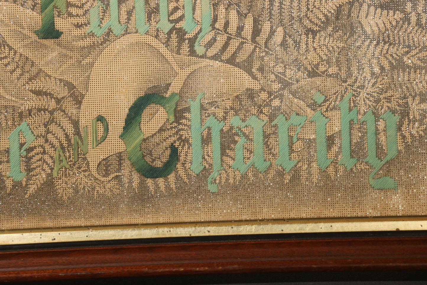 Antique Victorian Punchwork Needlework "Faith Hope Charity" with Fern Motifs and Foil Underlay in Period Wooden Frame