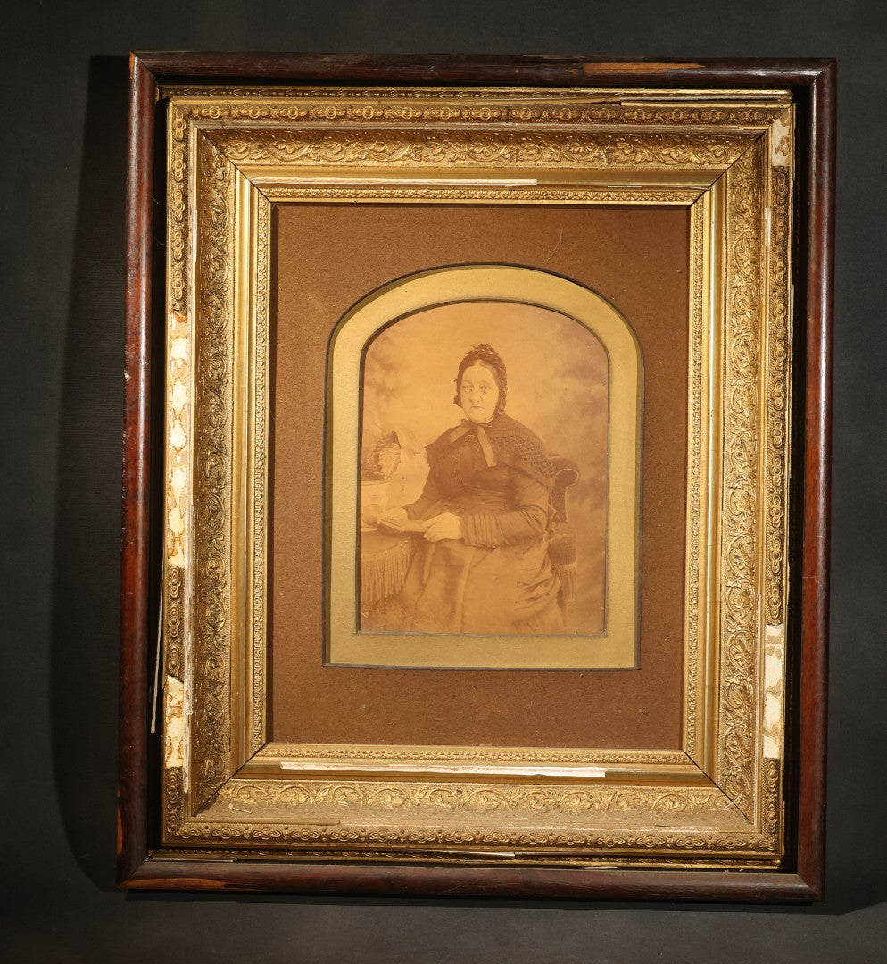 Antique Framed Photograph of a Woman in Dark Victorian Dress Holding a Book, Ornate Gilt and Wood Frame, Note Poor Condition, No Glass, Damage and Losses Throughout