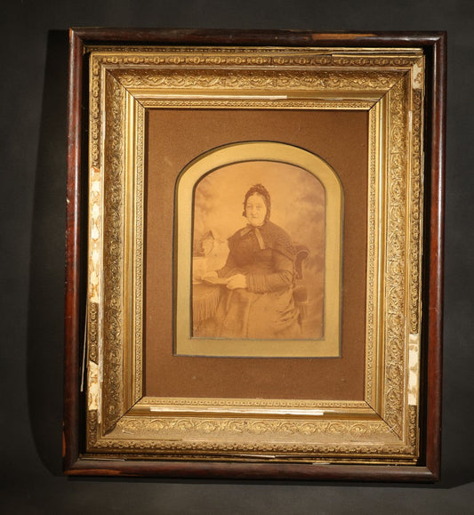Antique Framed Photograph of a Woman in Dark Victorian Dress Holding a Book, Ornate Gilt and Wood Frame, Note Poor Condition, No Glass, Damage and Losses Throughout