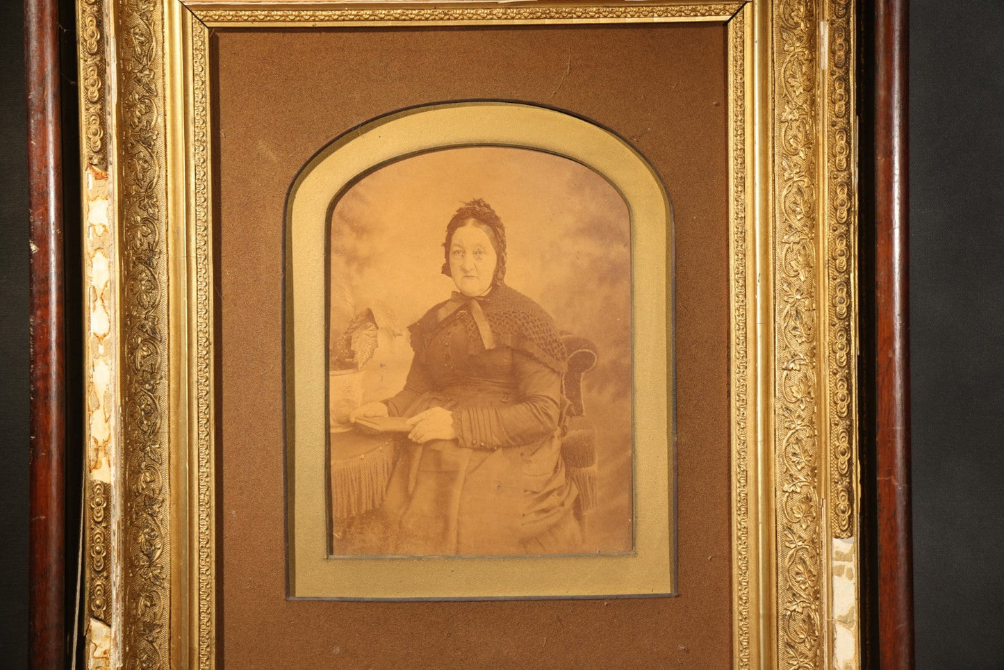 Antique Framed Photograph of a Woman in Dark Victorian Dress Holding a Book, Ornate Gilt and Wood Frame, Note Poor Condition, No Glass, Damage and Losses Throughout
