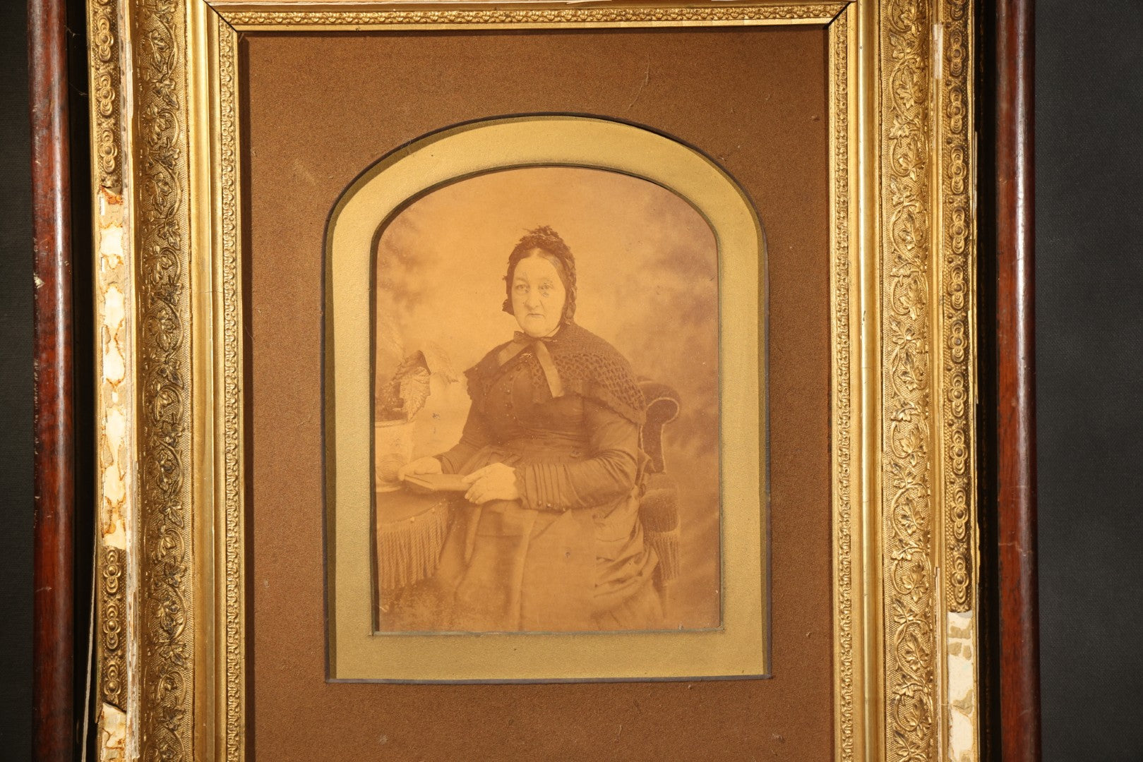 Antique Framed Photograph of a Woman in Dark Victorian Dress Holding a Book, Ornate Gilt and Wood Frame, Note Poor Condition, No Glass, Damage and Losses Throughout