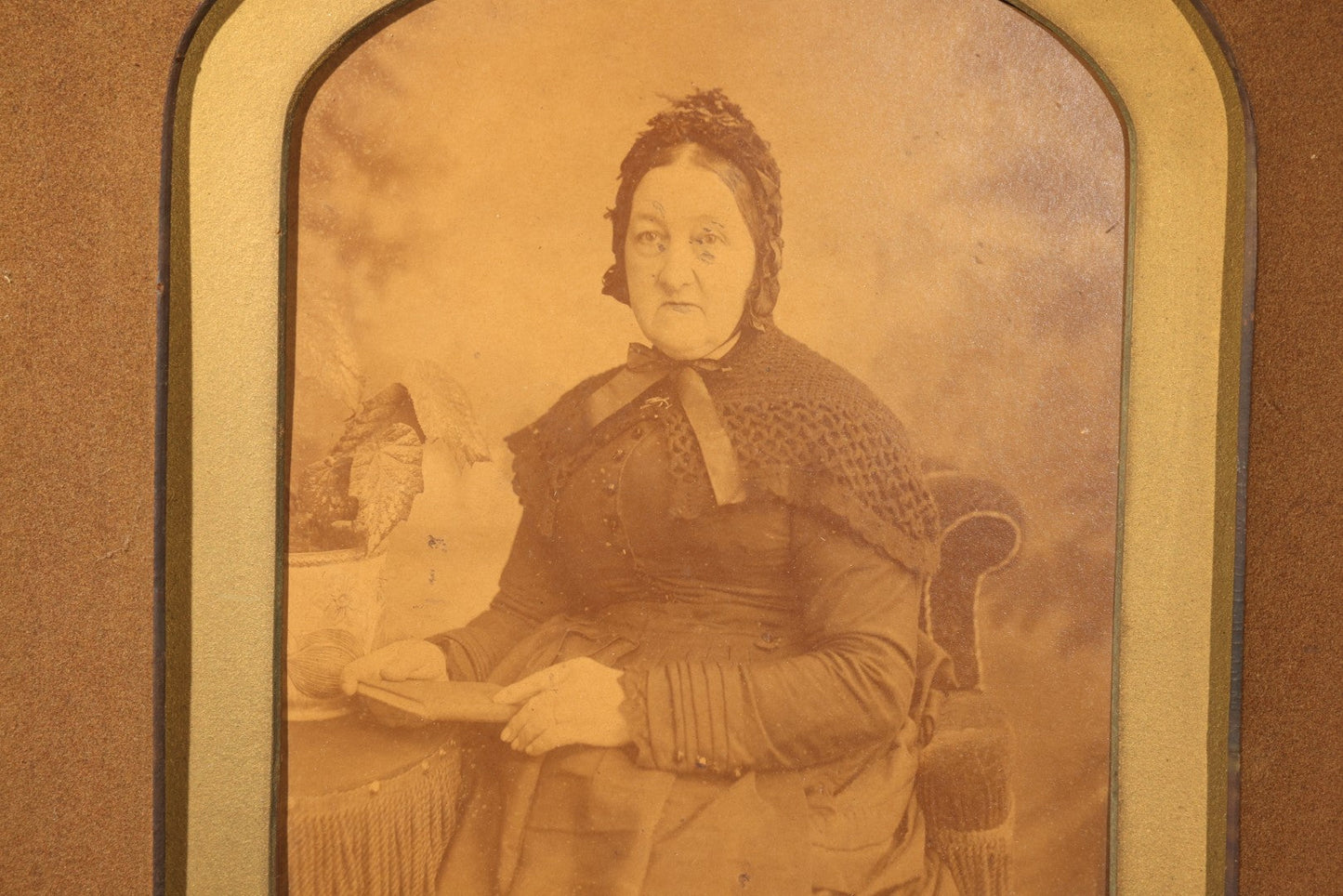 Antique Framed Photograph of a Woman in Dark Victorian Dress Holding a Book, Ornate Gilt and Wood Frame, Note Poor Condition, No Glass, Damage and Losses Throughout