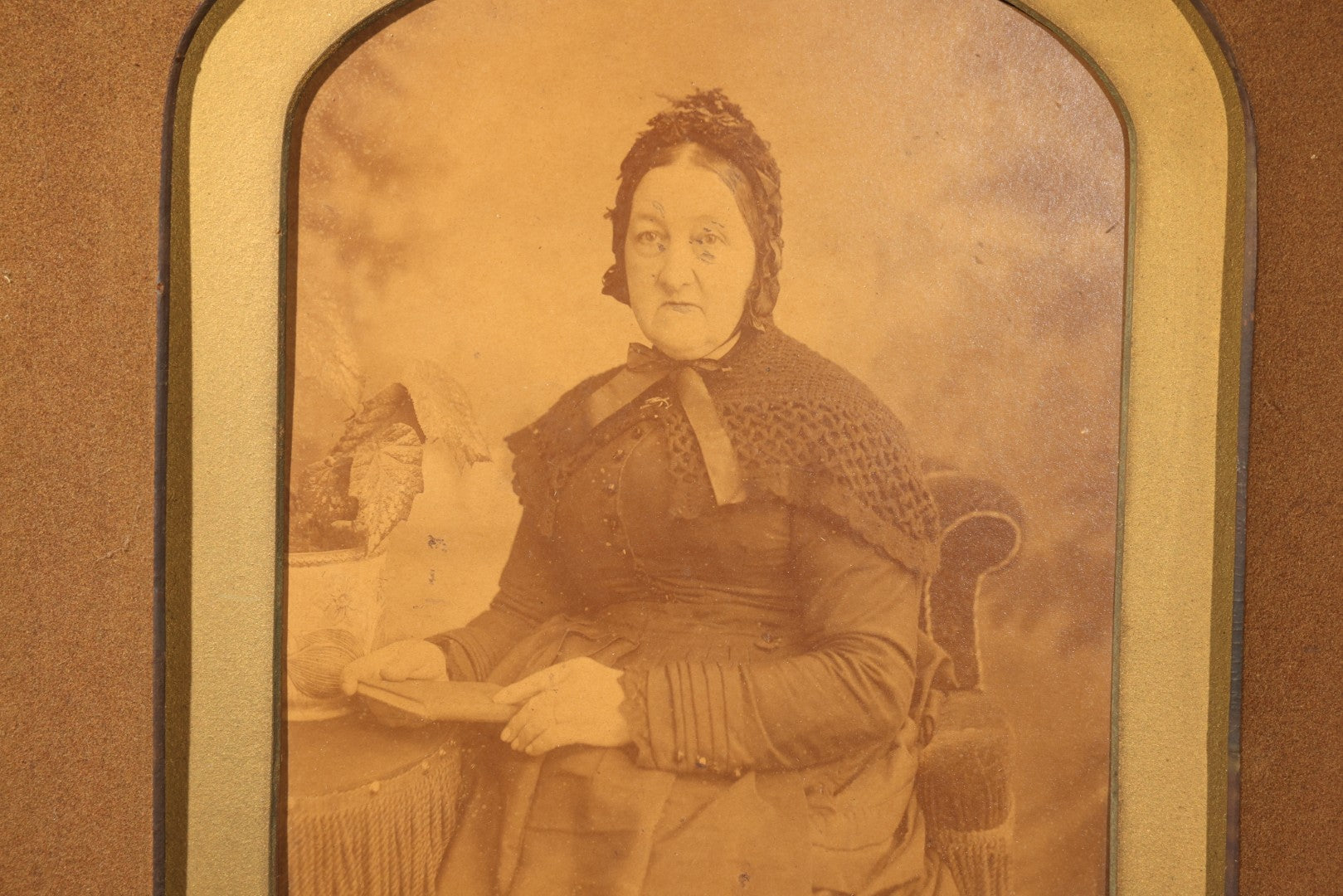 Antique Framed Photograph of a Woman in Dark Victorian Dress Holding a Book, Ornate Gilt and Wood Frame, Note Poor Condition, No Glass, Damage and Losses Throughout