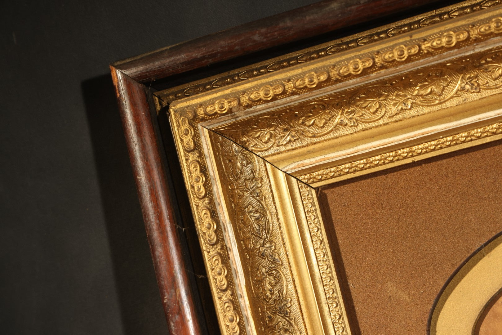 Antique Framed Photograph of a Woman in Dark Victorian Dress Holding a Book, Ornate Gilt and Wood Frame, Note Poor Condition, No Glass, Damage and Losses Throughout