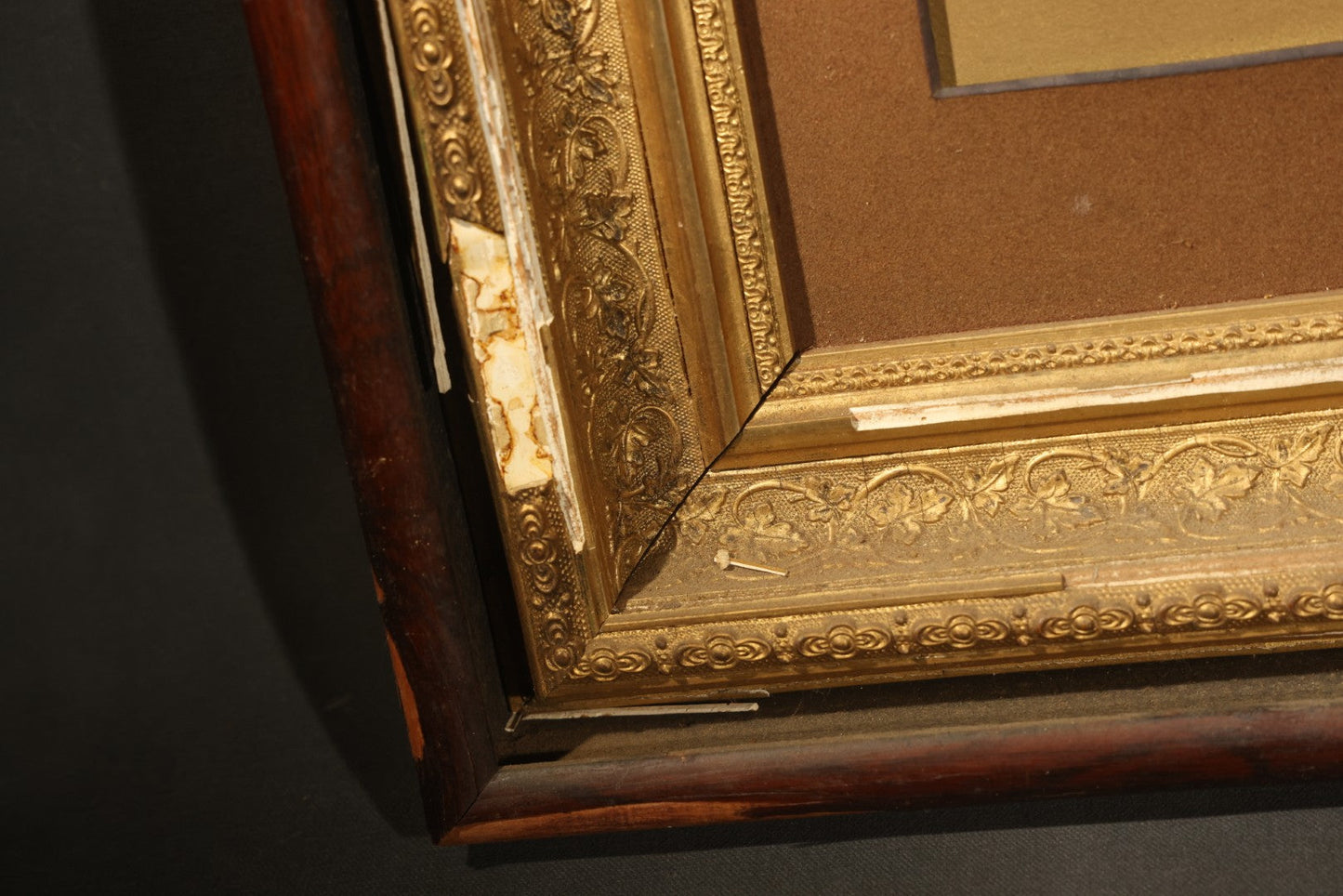 Antique Framed Photograph of a Woman in Dark Victorian Dress Holding a Book, Ornate Gilt and Wood Frame, Note Poor Condition, No Glass, Damage and Losses Throughout