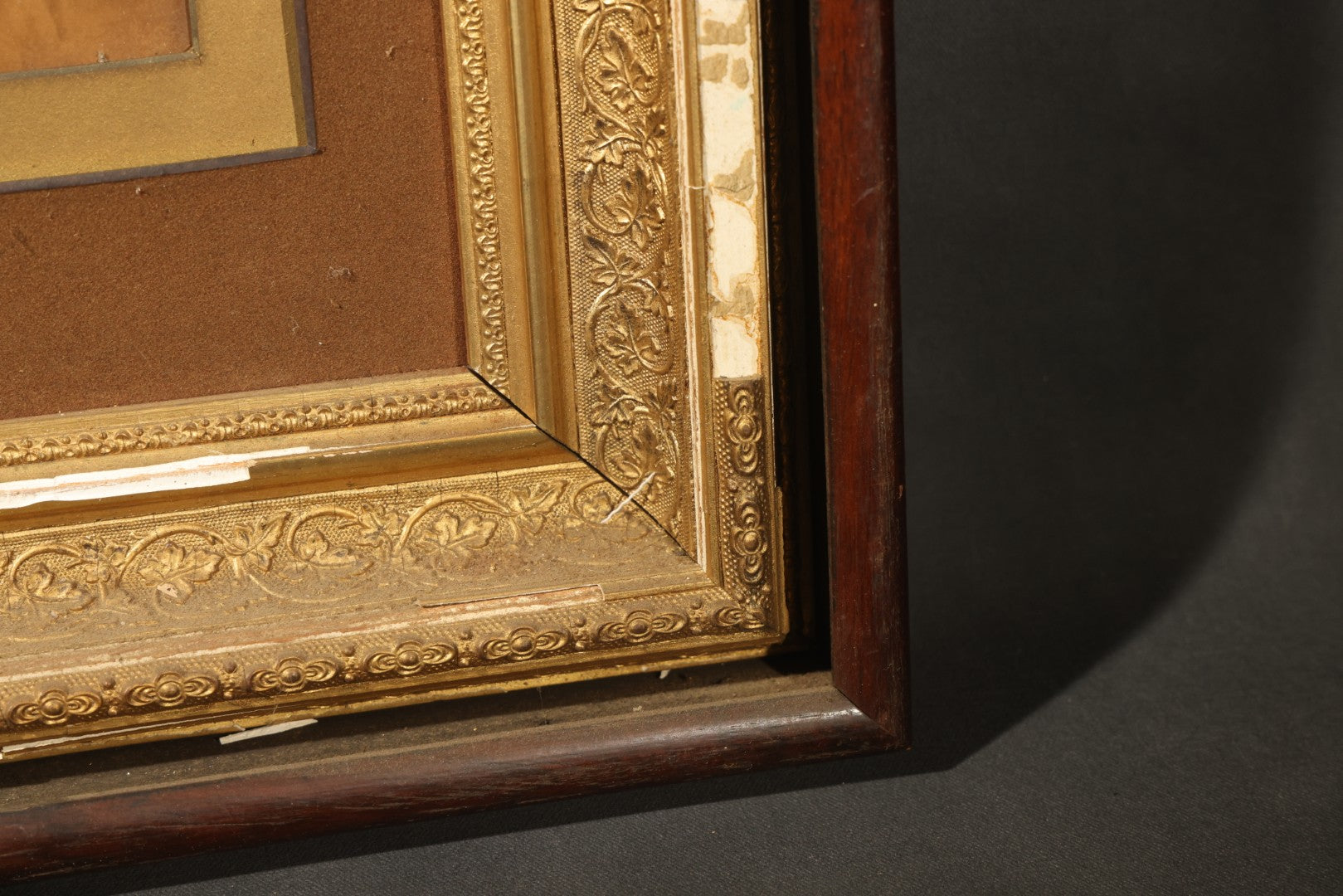 Antique Framed Photograph of a Woman in Dark Victorian Dress Holding a Book, Ornate Gilt and Wood Frame, Note Poor Condition, No Glass, Damage and Losses Throughout